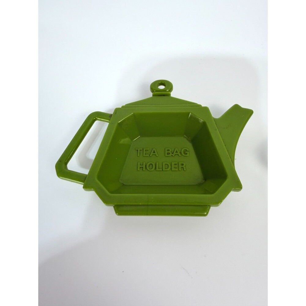Vintage Plastic Tea Bag Holder Teapot Shaped  Green Dish Novelty Retro Kitchen